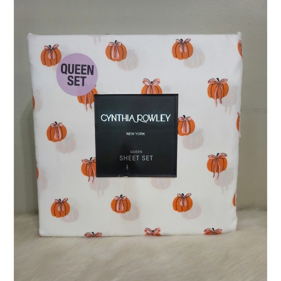 Pumpkin Queen Sheet Set Pumpkin And Bow Print Cynthia Rowley Fall Halloween NWT - Picture 1 of 3